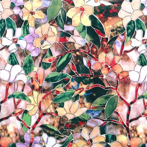 Bylimbo Decor Magnolia Floral Window Film Stained Glass Decoration Art Window Privacy Film Static Cling Removable glass Film