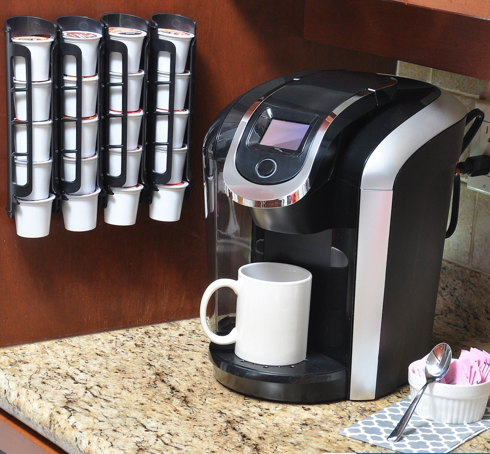 STORAGENIE Coffee Pod Holder for Keurig K-cup, Side Mount K Cup Storage,  Perfect for Small Counters (2 Rows/For 10 K Cups, PINK)