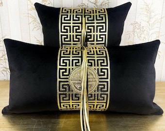 Luxury Velvet Cushion Cover: Black & Gold Greek Key Pillow Sham