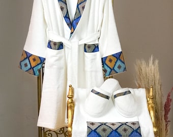 Kutay Bathrobe (His) Geometric Abstract Luxury Organic Bamboo Turkish Bathrobe, Super Soft Plush Handmade Robe, Lounge Dressing Gown