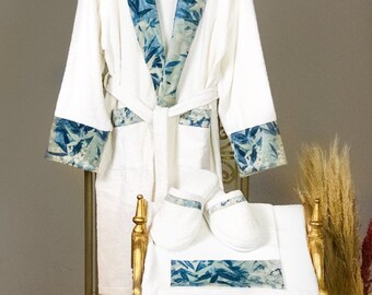 Lyla Blue Floral Bathrobe: Organic Bamboo Turkish Cotton, Handmade Plush Robe
