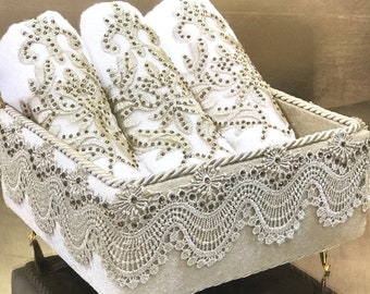 Handmade Bamboo Turkish Towel Set: Embroidered Lace & Wooden Box
