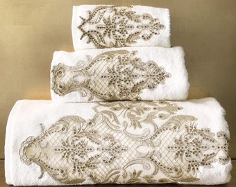 Ece Towel Set | Elegant Luxury Decorative Towels | Embroidery Towels | Bath Towel Set | Stylish Spa Towels | Organic Bamboo Turkish Towels
