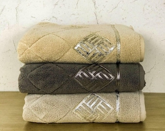 Organic Micro Cotton Towel Set: Gold, Mink & Grey, Handmade Leather Appliqués