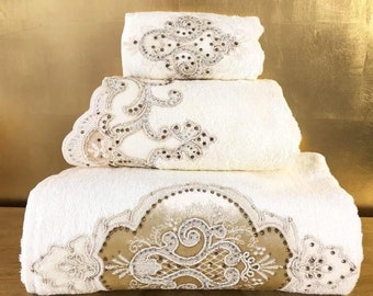 Idil Towel Set | Luxury Decorative Towels | Embroidery Lace Towels | Bath Towel Set | Elegant Spa Towels | Organic Bamboo Turkish Towels