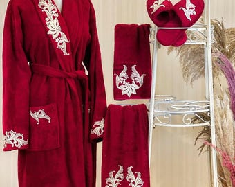 Deva Red Luxury Bathrobe Set | European Vintage Embroidered Turkish Bamboo & Cotton Robe | Handmade Spa Dressing Gown | Elegant Gift for Her