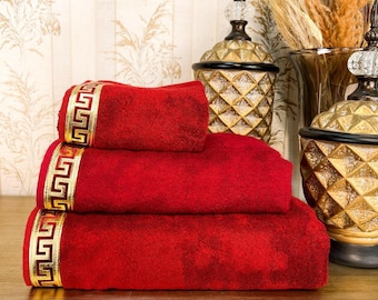 Burgundy Bamboo Towel Set: Greek Key Velvet Applique, Handmade