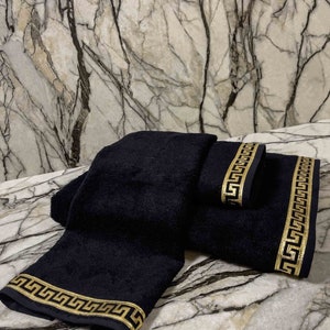 Anka Greek Key Pattern Black Towel Set | Elegant Luxury Decorative Towels | Stylish Spa Towels | Organic Bamboo Turkish Bath Towel Set
