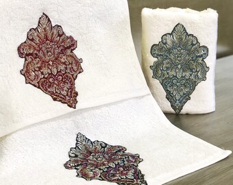 Damask Bamboo Hand Towel Set: Luxury Turkish Cotton, Rhinestone Detail