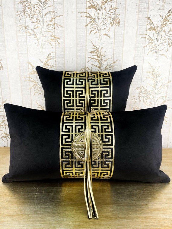Luxury Velvet Cushion Cover: Black & Gold Greek Key Pillow Sham - Etsy
