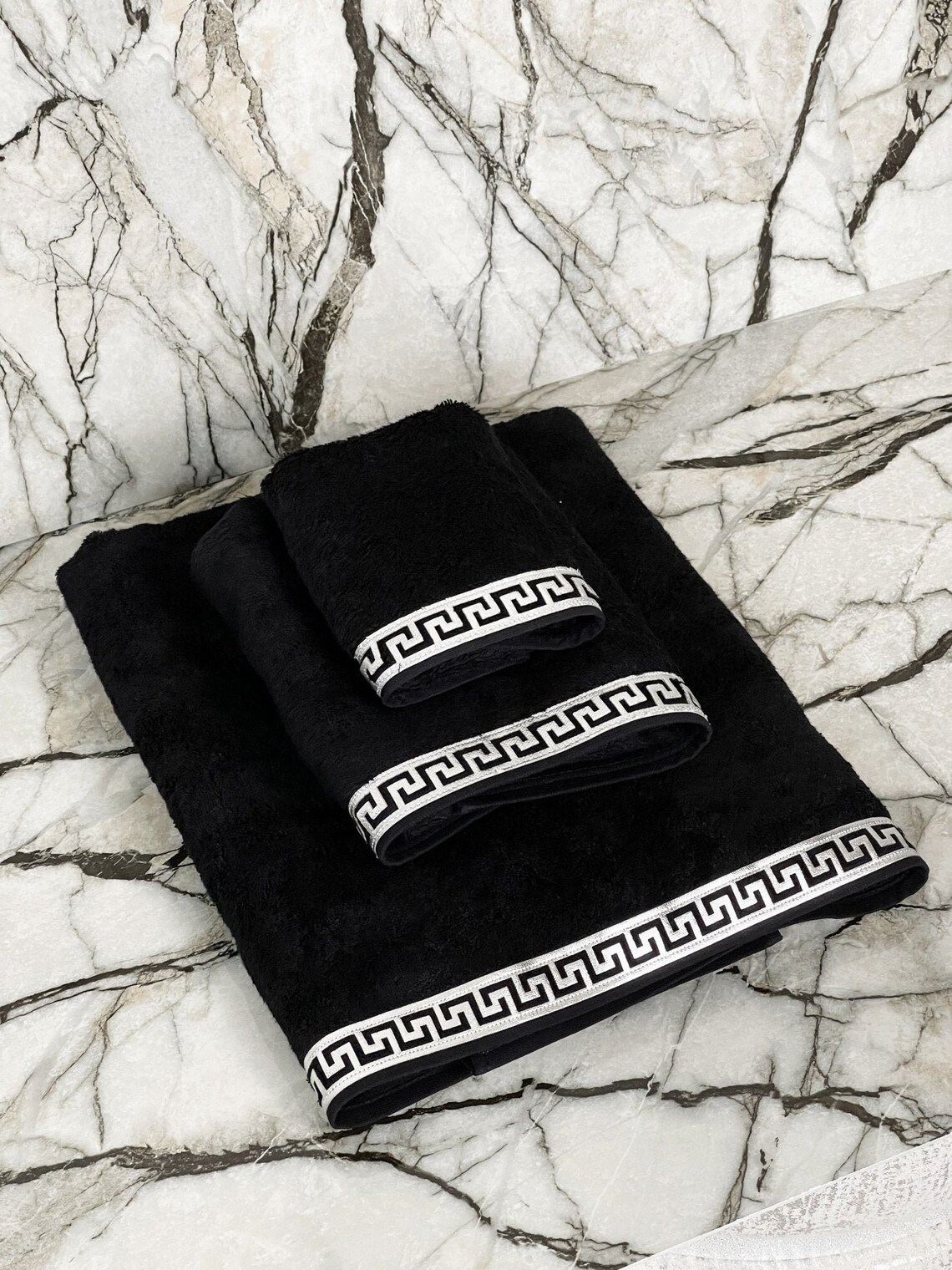 Anka Greek Key Pattern Black Towel Set Elegant Luxury Etsy