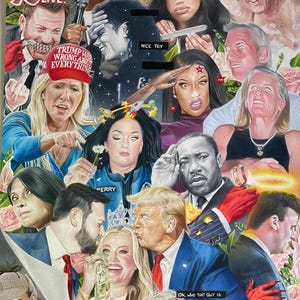 Puede incluir: Una obra de arte colorida que presenta un collage de retratos de varias figuras públicas. La imagen incluye el texto "JIMMY Kimmel LIVE!" y una gorra roja con el texto "TRUMP WAS WRONG ABOUT EVERYTHING". La obra es una mezcla de retratos e ilustraciones.