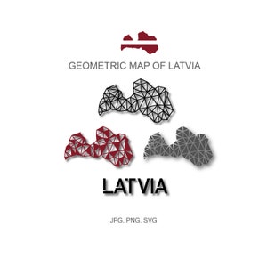 Puede incluir: Mapa geométrico de Letonia en negro, gris y rojo. El mapa está formado por triángulos. La palabra "LATVIA" está escrita en negro debajo del mapa. El texto "JPG, PNG, SVG" está escrito debajo de la palabra "LATVIA".