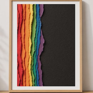Gay Pride Rainbow Poster, LGBT Wall Art Print, Torn Paper Effect, Black Background