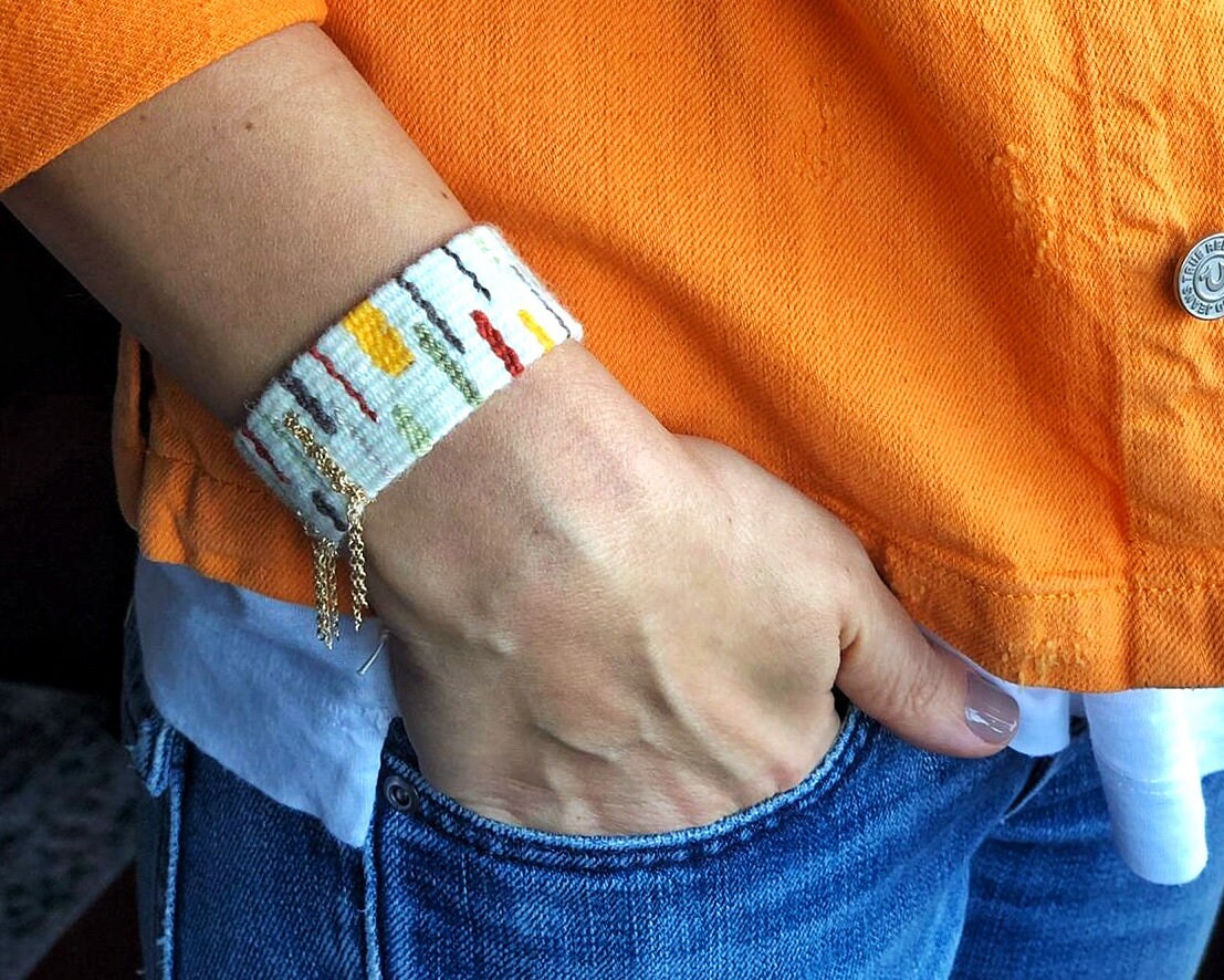 Yarn Bracelet in Beige Colour With Multicolour Stripes Etsy