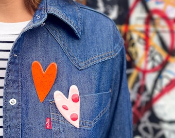 Charming Orange Heart Brooch, Unique Ceramic Pin for Any Outfit, Eye-Catching Statement Jewellery, Friendship Gift