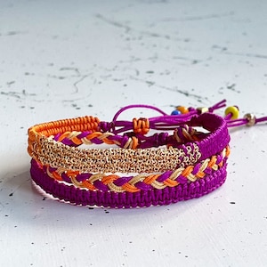 Raspberry and Orange Bracelet Set, Surfer Accessories, Set of Three, Waterproof Adjustable Bracelet Set  for Women, Mother&#39;s Day Gift