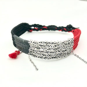 Red and Black Handwoven Bracelet with Chain, Unique Design Jewellery, Festival Accessory, Friendship Gift, Adjustable Boho Armband