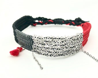 Red and Black Handwoven Bracelet with Chain, Unique Design Jewellery, Festival Accessory, Friendship Gift, Adjustable Boho Armband