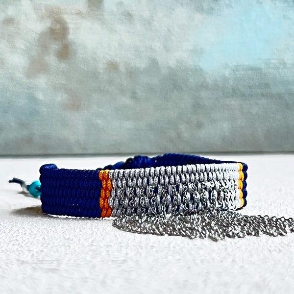 Denim Blue Bracelet with Silver Waterfall Chain Detail, Stylish Bracelet for Women, Adjustable Cuff Bracelet, Friendship Gift