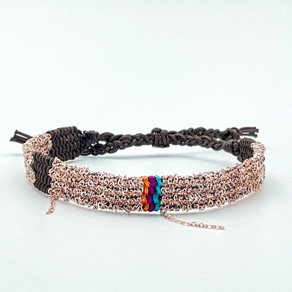 Bracelet tissé marron chocolat avec chaîne en acier inoxydable de couleur or rose, accessoire réglable de style bohème, brassard bohème, cadeau BFF