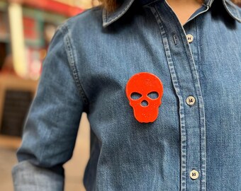 Sunset Orange Ceramic Brooch with Speckles, Handmade Costume Jewellery, Wearable Statement Art Piece, Retro-Chic Design, Gift for Him/Her