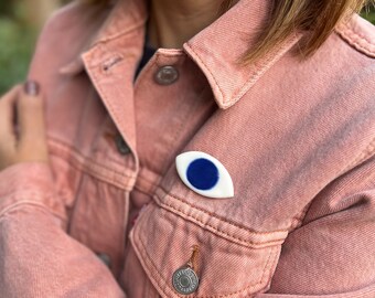 Blue Evil Eye Porcelain Brooch, Unique Design Brooch Pin, Protection Jewellery, Limoges Porcelain, Mothers Day Friendship Gift