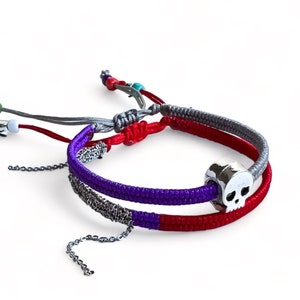 Imperial Red and Royal Purple Wrapped Bracelet Set, Waterproof Surfer Accessory, Skull Bead Bracelet Set for Women, Adjustable Bracelet