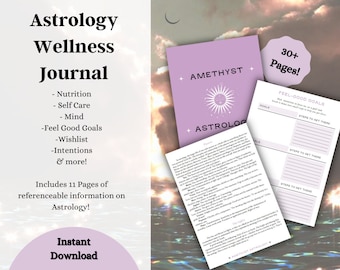 Könnte beinhalten: Ein lila-weißes druckbares Journal mit dem Titel "Amethyst Astrologie" und dem Text "Fühl-dich-wohl-Ziele" und "Schritte, um dorthin zu gelangen". Das Journal hat ein Sonnen- und Monddesign und umfasst über 30 Seiten.