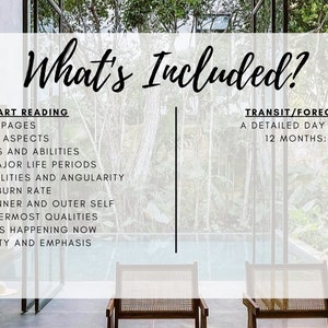 Może przedstawiać: Grafika z tekstem "What's Included?" i listą element&oacute;w wchodzących w skład odczytu horoskopu urodzeniowego i raportu tranzytowego/prognostycznego. Grafika jest umieszczona na tle nowoczesnego domu z basenem i bujną zielenią.