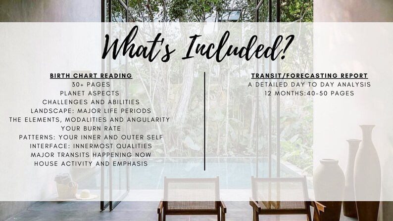 Może przedstawiać: Grafika z tekstem "What's Included?" i listą element&oacute;w wchodzących w skład odczytu horoskopu urodzeniowego i raportu tranzytowego/prognostycznego. Grafika jest umieszczona na tle nowoczesnego domu z basenem i bujną zielenią.
