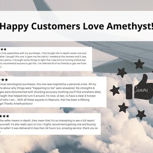 May include: Five star reviews for Amethyst Astrological readings. The reviews highlight the clarity and accuracy of the readings, as well as the helpfulness of the astrologer. The reviews also mention the speed of delivery and the overall positive experience.