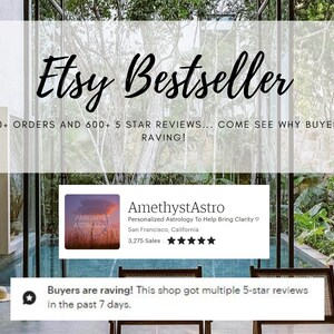 Może przedstawiać: Baner Etsy Bestseller z tropikalnym tłem. Tekst na banerze brzmi "Etsy Bestseller" z hasłem "W/ 3200+ ORDERS AND 600+ 5 STAR REVIEWS... COME SEE WHY BUYERS ARE RAVING!"  Wyświetlana jest karta sklepu AmethystAstro z tekstem "Personalized Astrology To Help Bring Clarity" i oceną 5 gwiazdek. Tekst "Buyers are raving! This shop got multiple 5-star reviews in the past 7 days." jest wyświetlany w dymku.