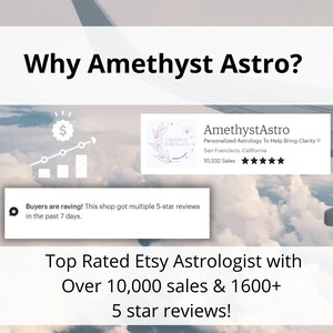 May include: A graphic with a blue sky and white clouds background. The text "Why Amethyst Astro?" is at the top of the graphic. The graphic also includes a graphic of a rising line chart with a dollar sign in a circle at the top of the chart. The text "Buyers are raving! This shop got multiple 5-star reviews in the past 7 days." is in a speech bubble. The text "AmethystAstro Personalised Astrology To Help Bring Clarity" is in a white box with a pink floral design. The text "San Francisco, California" is below the text "AmethystAstro". The text "10,332 Sales" is below the text "San Francisco, California". There are five gold stars below the text "10,332 Sales". The text "Top Rated Etsy Astrologist with Over 10,000 sales & 1600+ 5 star reviews!" is at the bottom of the graphic.