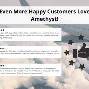May include: Five-star reviews for Amethyst, a business that provides astrology readings. The reviews highlight the accuracy of the readings, the excellent customer service, and the helpful insights provided. The image features a thumbs up icon surrounded by stars.