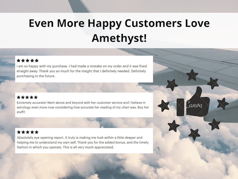 May include: Five-star reviews for Amethyst, a business that provides astrology readings. The reviews highlight the accuracy of the readings, the excellent customer service, and the helpful insights provided. The image features a thumbs up icon surrounded by stars.