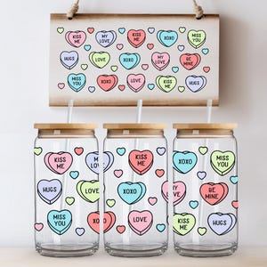 Conversation Hearts Iced Coffee Cup - Valentine&#39;s Day 16 oz Beer Can Glass