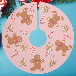 Pink Christmas Tree Skirt with Gingerbread Men, Snowflakes, and Candy Canes