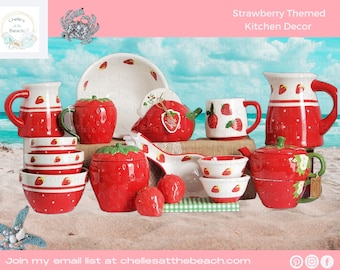 Fruity Charm: Strawberry-Themed Kitchen Decor- Arlington Designs, Lang, Terramoto Ceramics- Canister, Pitchers, Coaster, Mug, Teapot & Bowls