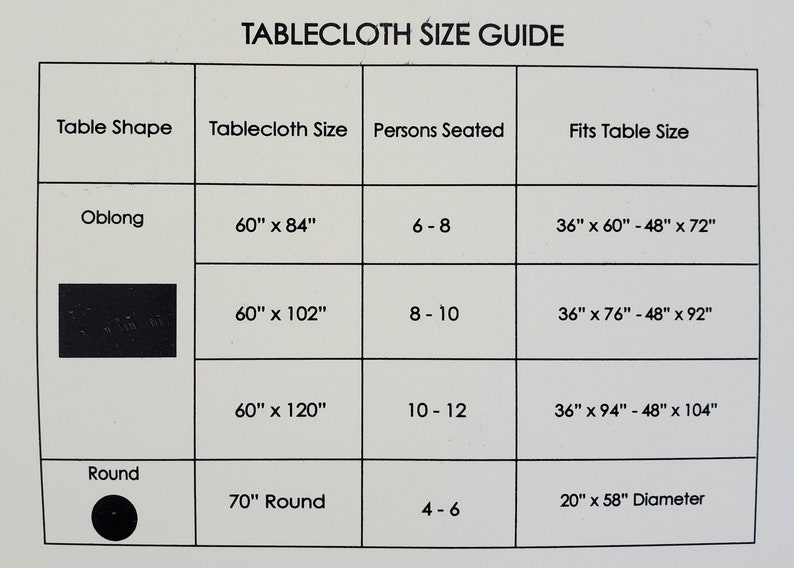 May include: Tablecloth size guide chart showing table shapes and dimensions. Oblong tablecloths are available in 60 inches by 84 inches, 60 inches by 102 inches, and 60 inches by 120 inches. Round tablecloths are available in 70 inches round. The chart also includes the number of people that can be seated at each table size and the corresponding table size that each tablecloth fits.