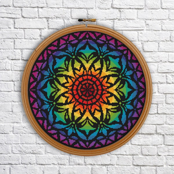 Mandala cross stitch pattern, Rainbow flower, Modern cross stitch, PDF, instant download, MDL30