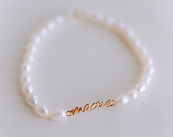 Mama Perlen Armband, Echtsüßwasserperlen, 925 Silber 18k vergoldet, Mama Schriftzug, gold & silber, Mama Geschenk, Muttertag, Perlenarmband