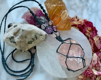 Raw Rose Quartz Macrame Necklace: Boho Healing Crystal Pendant