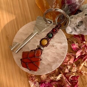 Red Jasper Macrame Keychain: Boho Gemstone Keyring, Healing Crystal