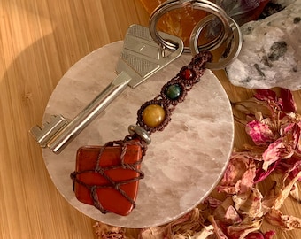 Red Jasper Macrame Keychain: Boho Gemstone Keyring, Healing Crystal