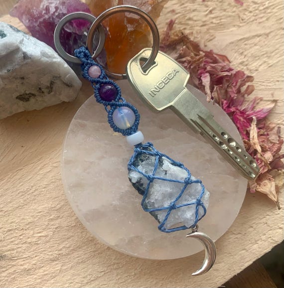 Moonstone Macrame Beaded Keychain, Crystal Key Accessory, Handmade