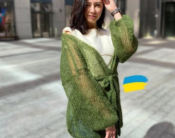 Green mohair cardigan, Handknit cardigan, Oversized sweater, Chunky cardigan, Kimono cardigan, Boho cardigan, Green wool coat