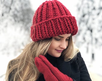 Bonnet épais rouge, bonnet en laine épaisse, bonnet femme, chapeau d'hiver, bonnet en tricot épais, bonnet en tricot surdimensionné, tricot épais, bonnet en tricot ample, bonnet rouge épais