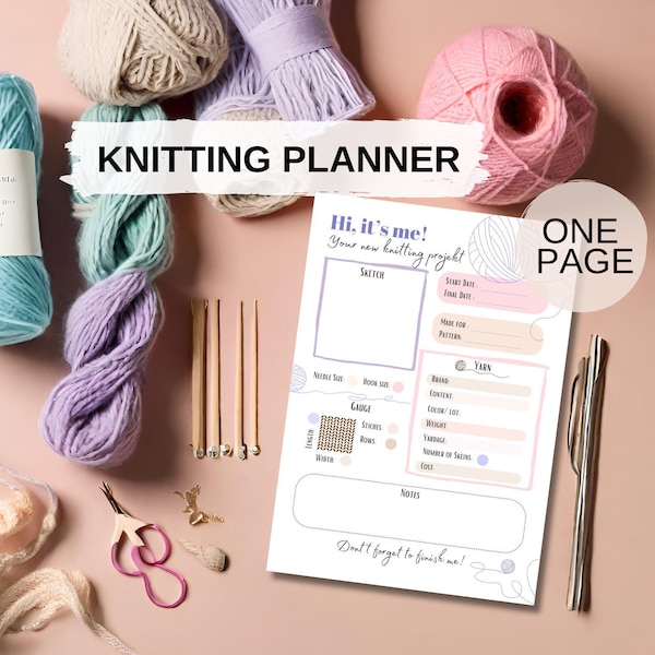 Knitting planner, Printable knitting planner, One page planner, Yarn projects, Pastel knitting planner, Knitting projects PDF Knitting Notes