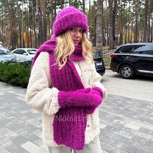 Fuchsia hat scarf set, Fuchsia mohair hat, Fluffy hat, Mohair scarf, Long scarf, Mohair beanie, Hat scarf mittens set, Handmade knit hat